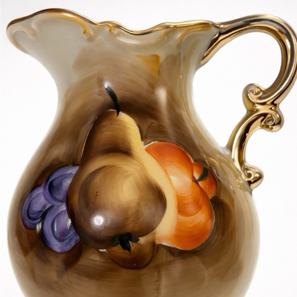 Hand-Painted Fruit Ceramic Pitcher in Brown and Gold